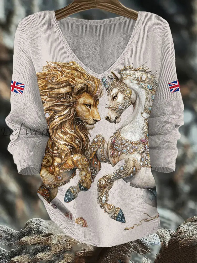 Women’s Retro Lion Unicorn UK Flag Printed Tops Beige / S
