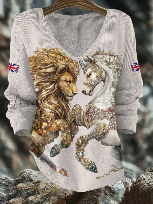 Women’s Retro Lion Unicorn UK Flag Printed Tops Beige / S