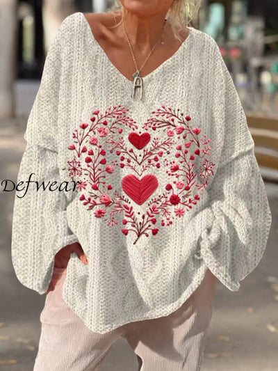 Women’s Retro Love Art Print Chic V-Neck Casual Sweater Pullover A / S