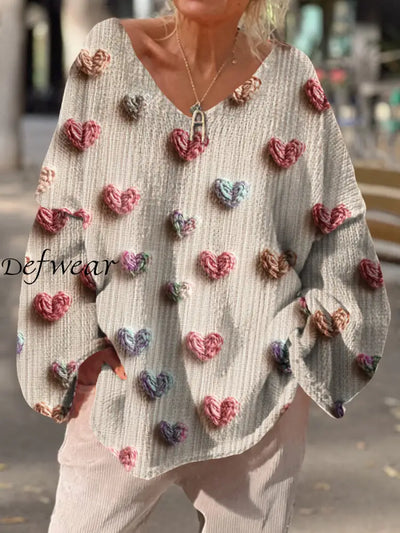 Women’s Retro Love Art Print Chic V-Neck Casual Sweater Pullover A / S