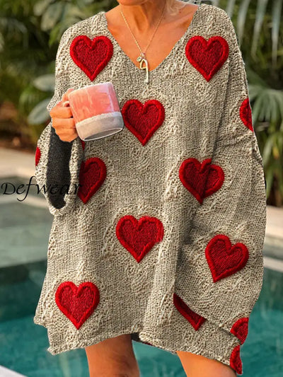 Women’s Retro Love Art Print Chic V-Neck Casual Sweater Pullover A / S