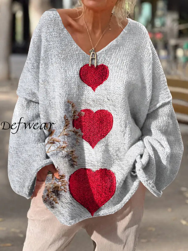 Women’s Retro Love Art Print Chic V-Neck Casual Sweater Pullover A / S