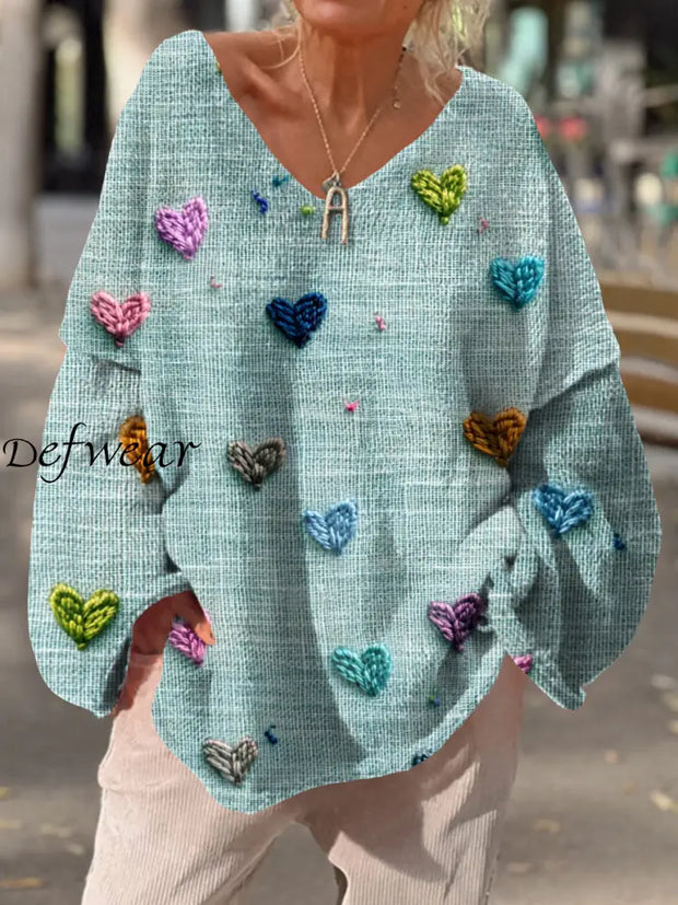 Women’s Retro Love Heart Art Print Chic V-Neck Casual Sweater Pullover A / S