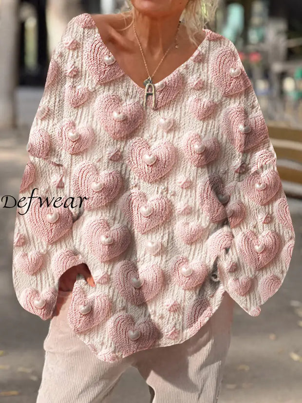 Women’s Retro Love Heart Art Print Chic V-Neck Casual Sweater Pullover A / S