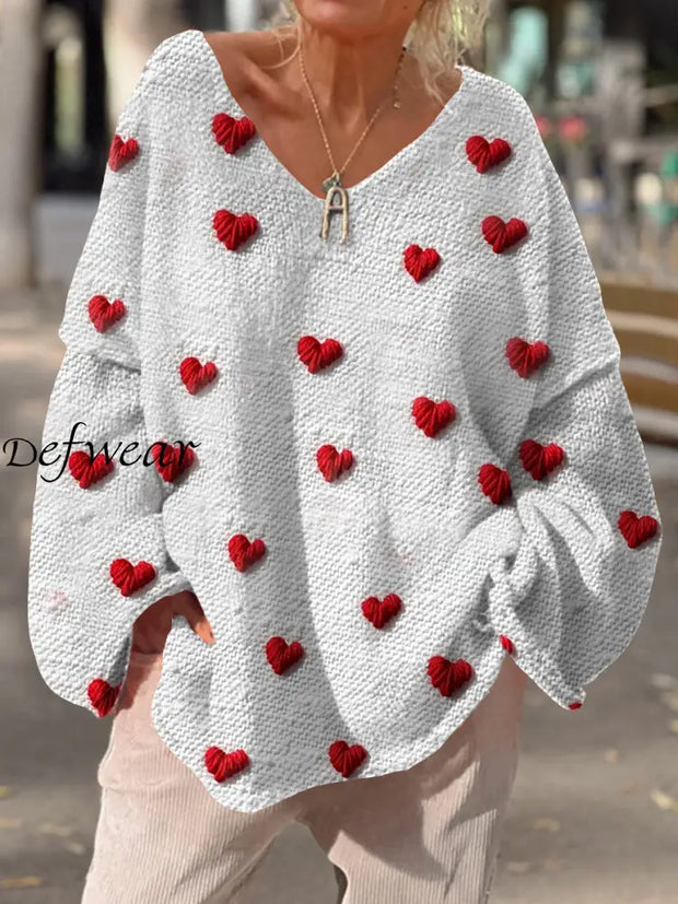 Women’s Retro Love Heart Art Print Chic V-Neck Casual Sweater Pullover A / S