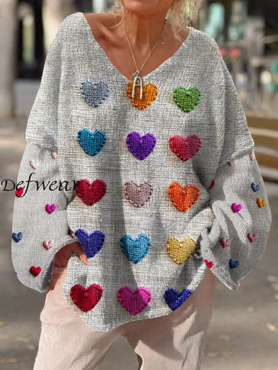 Women’s Retro Love Heart Art Print Chic V-Neck Casual Sweater Pullover A / S