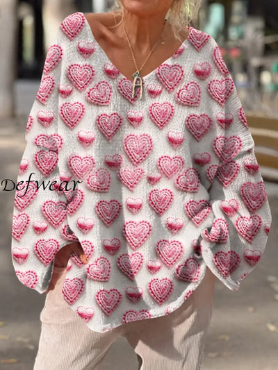 Women’s Retro Love Heart Art Print Chic V-Neck Casual Sweater Pullover A / S