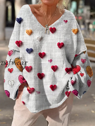 Women’s Retro Love Heart Art Print Chic V-Neck Casual Sweater Pullover A / S