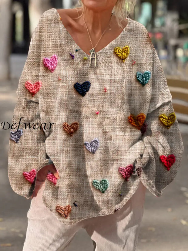 Women’s Retro Love Heart Art Print Chic V-Neck Casual Sweater Pullover B / S