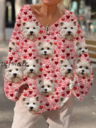 Women’s Retro Love Puppy Art Print Chic V-Neck Casual Sweater Pullover A / S