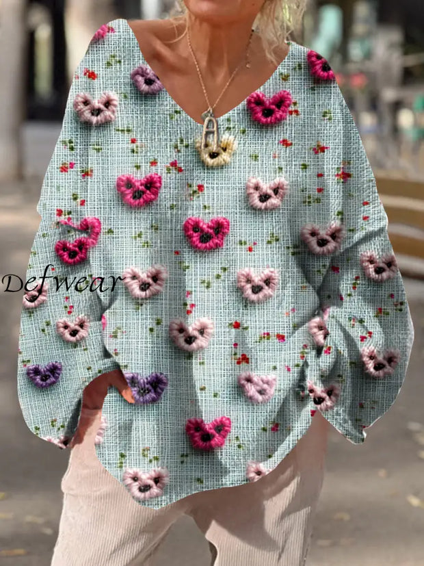 Women’s Retro Love Puppy Art Print Chic V-Neck Casual Sweater Pullover A / S