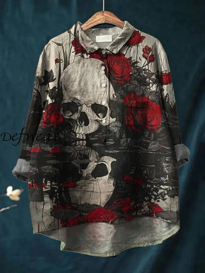 Women’s Retro Punk Art Print Casual Cotton Linen Round Neck Button Pocket Mid-Length Sleeve Shirt