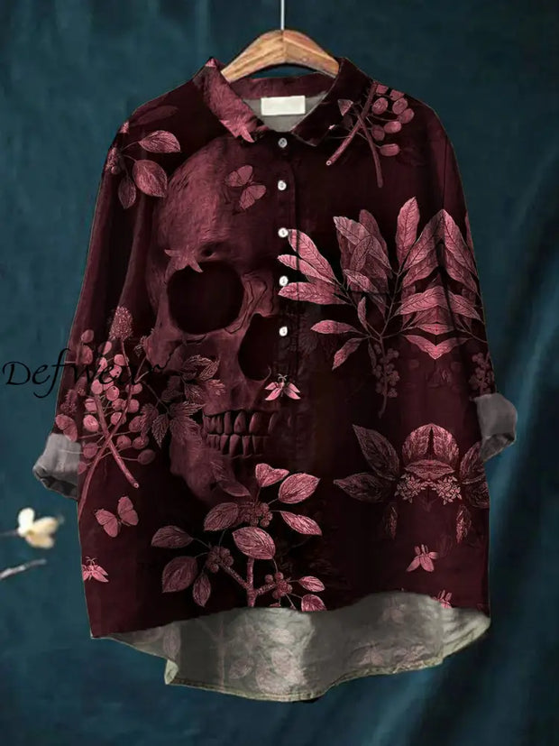 Women’s Retro Punk Art Print Casual Cotton Linen Round Neck Button Pocket Mid-Length Sleeve Shirt