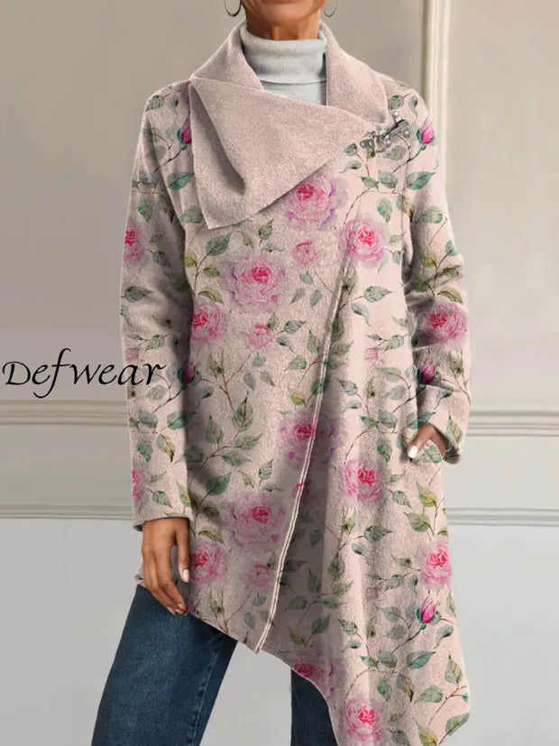 Women’s Retro Style Art Floral Print Casual V-Neck Long Sleeve Comfortable Cotton Asymmetric Coat