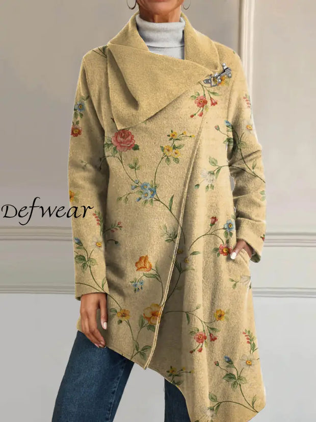 Women’s Retro Style Art Floral Print Casual V-Neck Long Sleeve Comfortable Cotton Asymmetric Coat