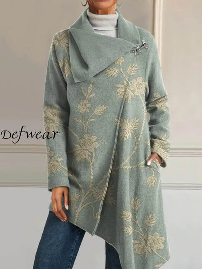 Women’s Retro Style Art Floral Print Casual V-Neck Long Sleeve Comfortable Cotton Asymmetric Coat