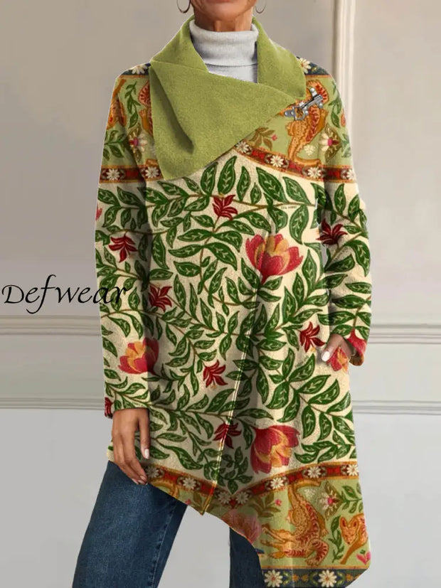 Women’s Retro Style Art Floral Print Casual V-Neck Long Sleeve Comfortable Cotton Asymmetric