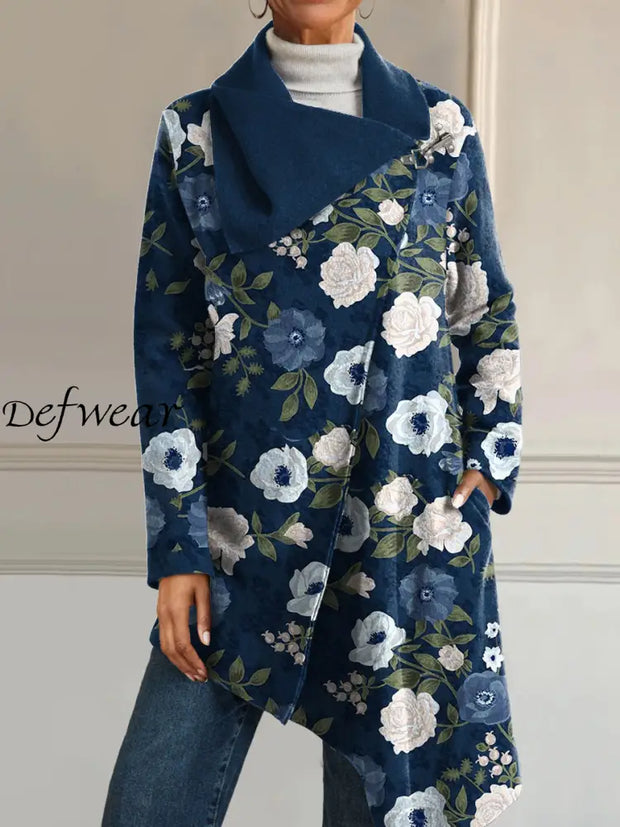 Women’s Retro Style Art Floral Print Casual V-Neck Long Sleeve Comfortable Cotton Asymmetric