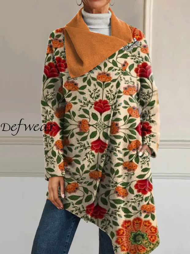 Women’s Retro Style Art Floral Print Casual V-Neck Long Sleeve Comfortable Cotton Asymmetric