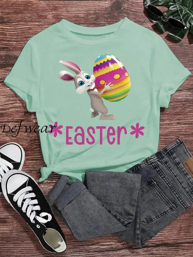 Women’s Round Neck Rabbit Egg Print Short Sleeve T-Shirt Light Green / S