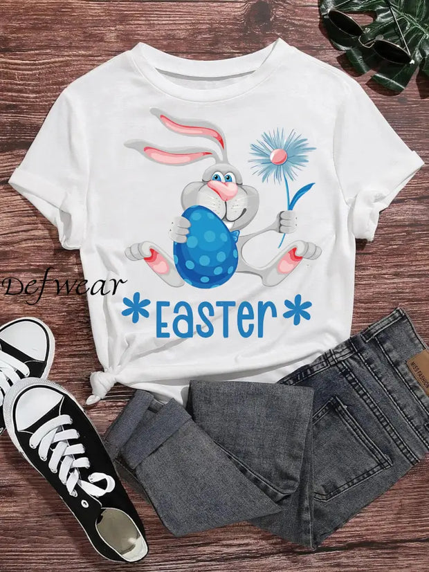 Women’s Round Neck Rabbit Egg Print Short Sleeve T-Shirt White / S