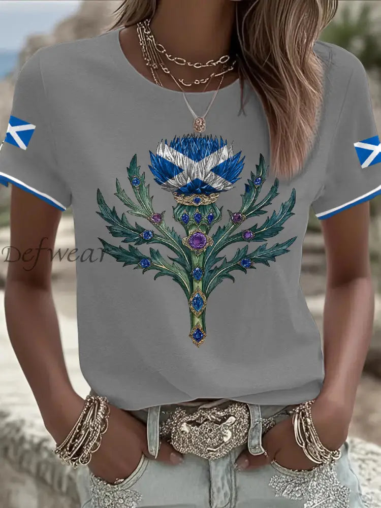 Women’s Scotland Flag Art Thistle Printed T shirt Light Gray / S