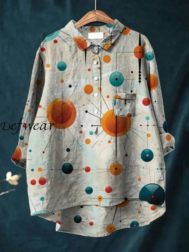 Women’s Simple Art Print V-Neck Button Down Long Sleeve Pocket Shirt A / S