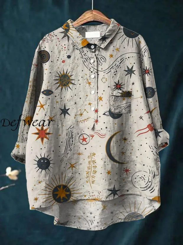 Women’s Simple Line Art Starry Print V-Neck Long Sleeve Button Pocket Shirt Top A / S