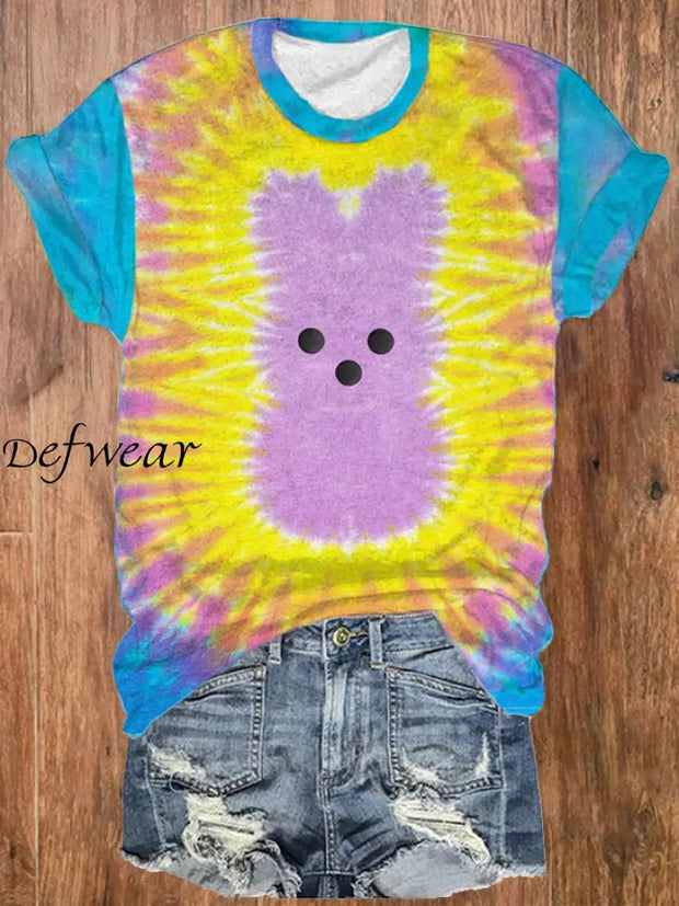 Women’s Tie-Dye Rabbit Print Crew Neck T-Shirt Colorful / S