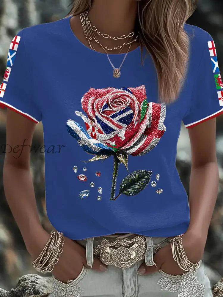 Women’s UK Flag Art Rose Printed T shirt Blue / S