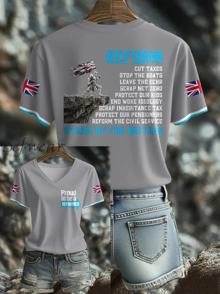 Women’s UK Flag Reform Printed T shirt Light Gray / S