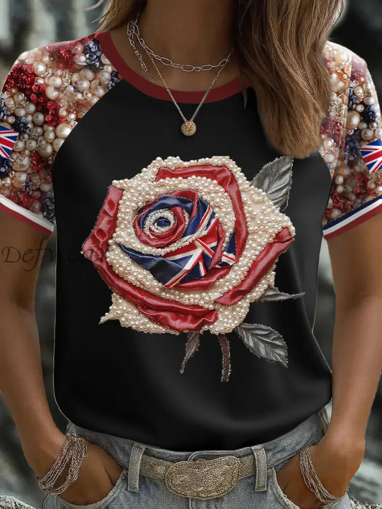 Women’s UK Flag Rose Art Printed T shirt Black / S