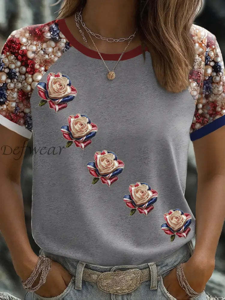 Women’s UK Flag Rose Art Printed T shirt Light Gray / S