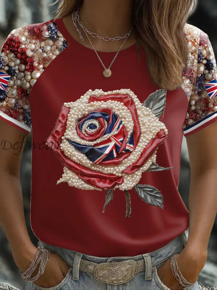 Women’s UK Flag Rose Art Printed T shirt Red / S