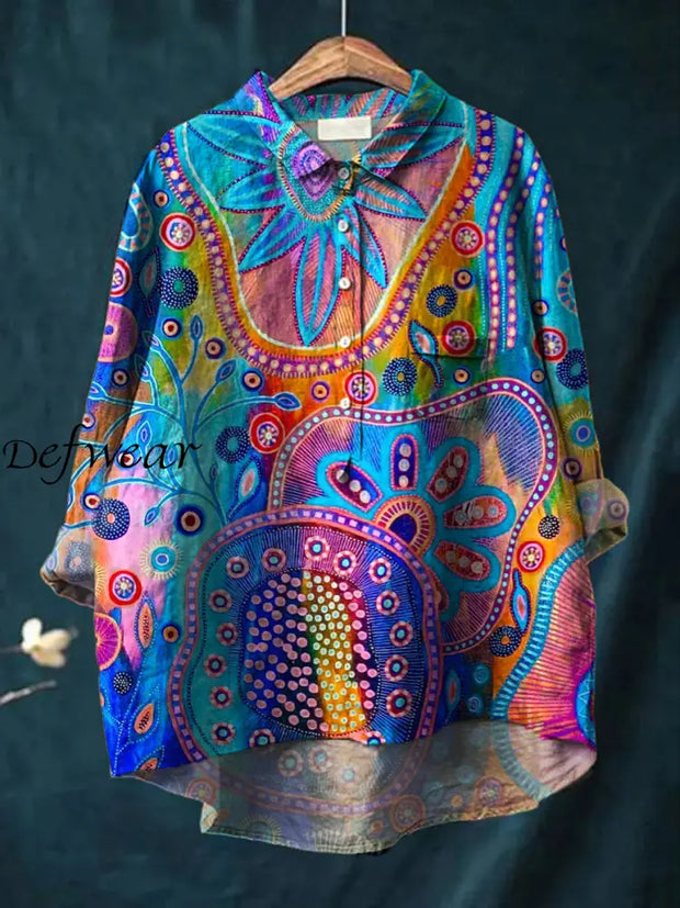 Women’s Vintage Abstract Art Print Casual Cotton And Linen Round Neck Button Pocket Midi Long