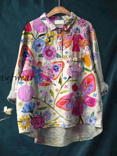 Women’s Vintage Abstract Art Print Casual Cotton And Linen Round Neck Button Pocket Midi Long