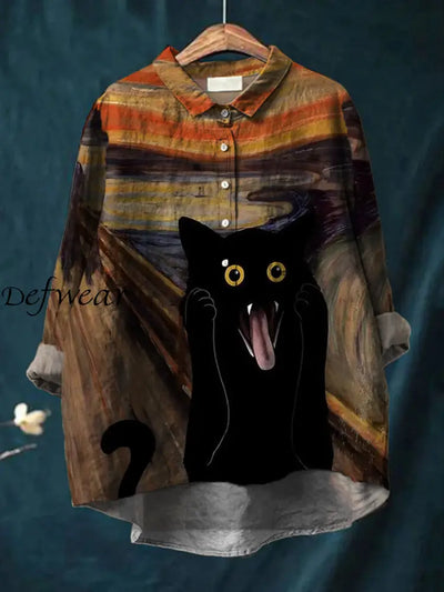 Women’s Vintage Animal Art Print Casual Cotton Linen Round Neck Button Pocket Mid-Length Sleeve