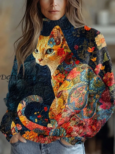 Women’s Vintage Art Cat Print Casual Chic Sweater Pullover A / S