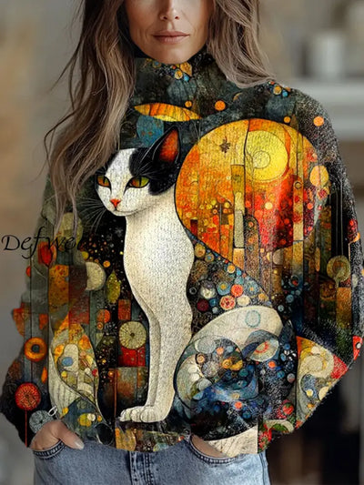 Women’s Vintage Art Cat Print Casual Chic Sweater Pullover A / S