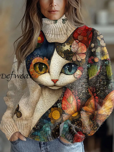 Women’s Vintage Art Cat Print Casual Chic Sweater Pullover A / S