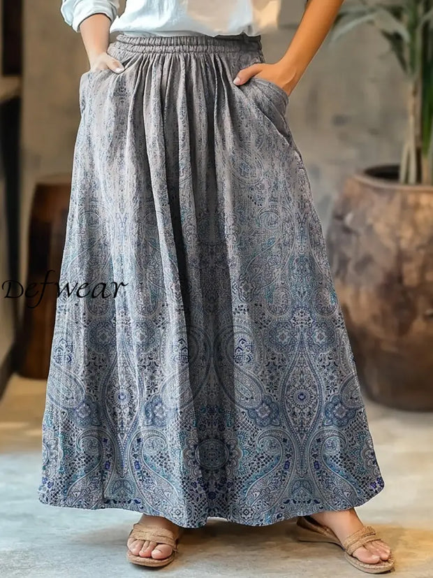 Women’s Vintage Art Floral Print Pocket Flowy Skirt A / S