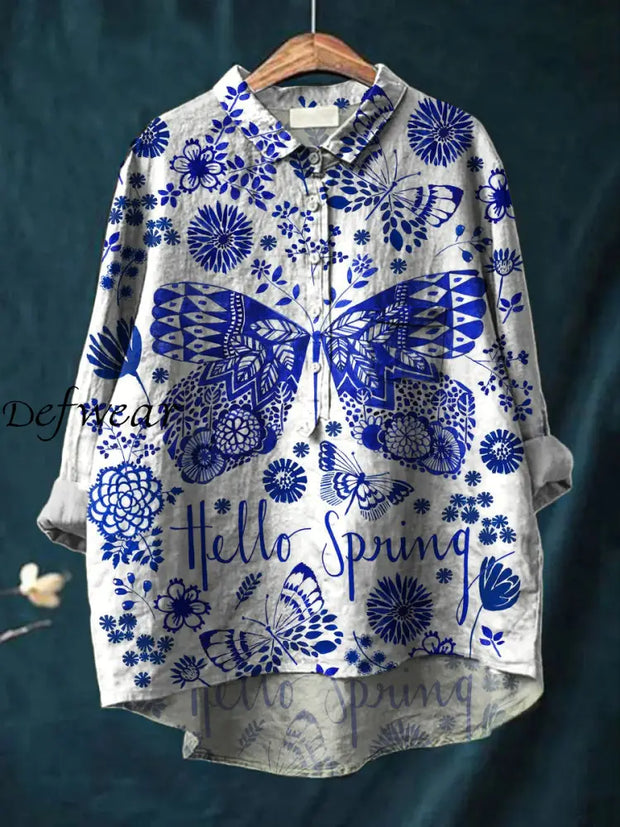 Women’s Vintage Art Print Casual Cotton And Linen Round Neck Button Pocket Midi Long Sleeve Shirt