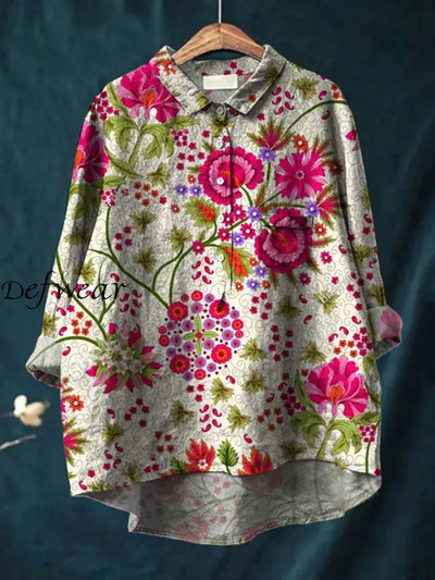 Women’s Vintage Art Print Casual Cotton And Linen Round Neck Button Pocket Midi Sleeve Shirt Top