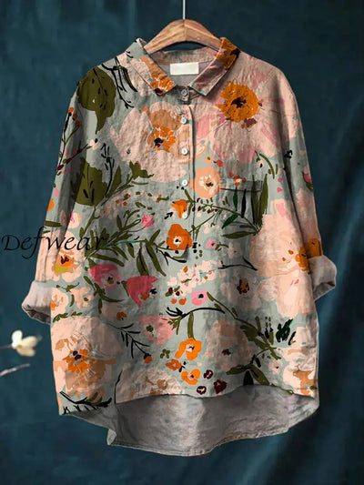 Women’s Vintage Art Print Casual Cotton And Linen Round Neck Button Pocket Midi Sleeve Shirt Top