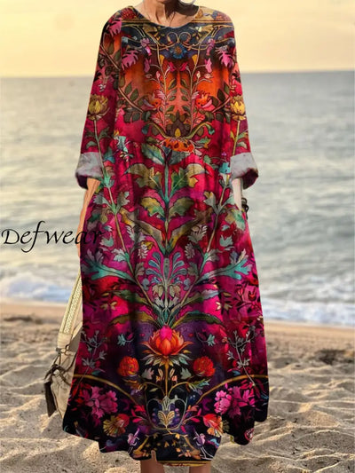 Women’s Vintage Art Print Pattern Pocket Elegant Cotton Dress A / S