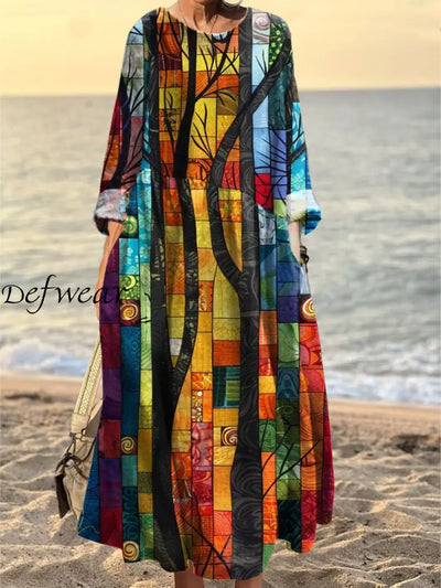 Women’s Vintage Art Print Pattern Pocket Elegant Cotton Dress A / S