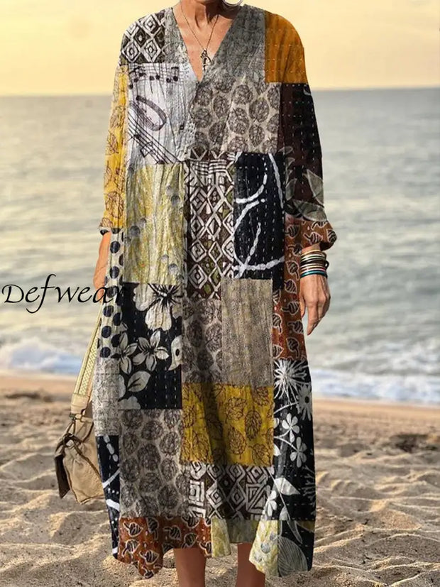 Women’s Vintage Art Print V-Neck Three-Quarter Sleeves Elegant Long Dress A / S