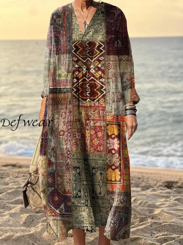 Women’s Vintage Art Print V-Neck Three-Quarter Sleeves Elegant Long Dress A / S