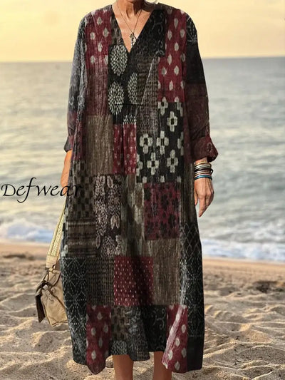 Women’s Vintage Art Print V-Neck Three-Quarter Sleeves Elegant Long Dress A / S