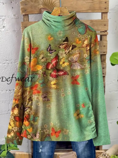 Women’s Vintage Butterfly Art Pattern Print Casual Cotton Top A / S